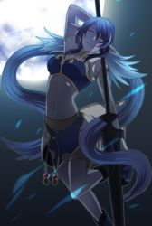 Rule 34 | 1girl, arm up, bad id, bad pixiv id, blue hair, breasts, closed mouth, elf, full moon, grey background, judith (tales), lance, leg up, long hair, long pointy ears, low twintails, medium breasts, midriff, moon, navel, night, outdoors, outstretched arm, pointy ears, polearm, purple eyes, revision, setsu, solo, tales of (series), tales of vesperia, twintails, very long hair, weapon