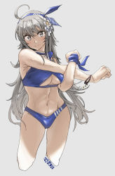 Rule 34 | 1girl, ahoge, bikini, blue bikini, blue eyes, blush, breasts, closed mouth, cropped legs, crossed arms, ergot, flower, grey background, grey hair, hair flower, hair ornament, headband, highres, kantai collection, large breasts, long hair, messy hair, navel, official alternate costume, simple background, solo, swimsuit, washington (kancolle)