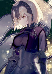 Rule 34 | 1girl, ahoge, ainy, armor, armored dress, bad id, bad pixiv id, banner, black dress, blonde hair, breasts, cape, chain, closed mouth, commentary request, dress, fate/grand order, fate (series), gauntlets, gloves, hair between eyes, headpiece, highres, holding, jeanne d&#039;arc (fate), jeanne d&#039;arc alter (avenger) (fate), jeanne d&#039;arc alter (fate), large breasts, light particles, sad, silver hair, solo, yellow eyes
