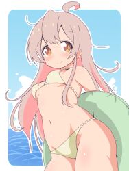 Rule 34 | 1girl, ahoge, bare shoulders, bikini, breasts, brown eyes, commentary, cowboy shot, day, groin, highres, innertube, light blush, long hair, looking at viewer, messy hair, navel, onii-chan wa oshimai!, outdoors, outline, oyama mahiro, pink hair, small breasts, smile, solo, swim ring, swimsuit, unkimo, water, white outline, yellow bikini