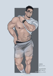 Rule 34 | 1boy, abs, bara, bare pectorals, beard, black male underwear, cropped legs, facial hair, glasses, highres, ian yin0405, large pectorals, lifting own clothes, looking ahead, male focus, male underwear, male underwear peek, male underwear pull, mature male, muscular, muscular male, mustache stubble, navel, navel hair, nipples, original, pectorals, pulling own clothes, see-through, see-through shorts, short hair, shorts, sideburns, solo, stomach, stubble, thick eyebrows, underwear, undressing