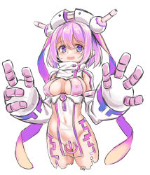 Rule 34 | 1girl, :d, blush, breasts, covered erect nipples, covered navel, cropped legs, elbow gloves, gloves, groin, hair between eyes, hat, long hair, looking at viewer, medium breasts, open mouth, original, pink hair, power symbol, purple eyes, see-through, simple background, smile, solo, table, turtleneck, twintails, unname, very long hair, white background, white gloves, white hat