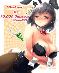 Rule 34 | 10s, 1girl, animal ears, bare shoulders, black hair, blush, bow, bowtie, breast hold, breast rest, breasts, cleavage, crossed arms, curvy, detached collar, fake animal ears, fishnet pantyhose, fishnets, grey hair, highres, kantai collection, large breasts, looking at viewer, loussier666, pantyhose, playboy bunny, rabbit ears, red eyes, short hair, solo, twitter username, wide hips, wrist cuffs, yamashiro (kancolle)