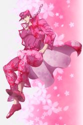 Rule 34 | 1boy, alternate hair color, belt, chain, cherry blossoms, closed mouth, earrings, floral print, gakuran, hands in pockets, hat, highres, jewelry, jojo no kimyou na bouken, kuujou joutarou, long coat, looking at viewer, male focus, pants, patterned background, pink background, pink hair, pink pants, pink shirt, pink theme, school uniform, shirt, shooarashi, solo, stud earrings, thick eyebrows