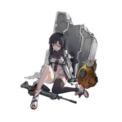 Rule 34 | 1girl, assault rifle, black hair, black thighhighs, blood, blood on face, boots, breasts, choker, cleavage, cloak, collarbone, dress, full body, girls&#039; frontline, gloves, gun, imoko (imonatsuki), long hair, long sleeves, looking down, magazine (weapon), medium breasts, official art, on floor, one eye closed, open mouth, orange eyes, promotional art, qbz-191, qbz-191 (girls&#039; frontline), rain, rifle, sad, simple background, single thighhigh, snowflakes, solo, thighhighs, transparent background, water drop, weapon, weapon on floor, white choker, white cloak, white dress, white footwear, white gloves