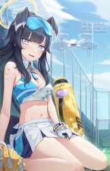 Rule 34 | 1girl, absurdres, animal ears, bandaid, bare shoulders, black hair, blue archive, blue eyes, blue sky, blurry, blush, breasts, chain-link fence, cheerleader, cleavage, crop top, cryturtle, day, dog ears, dog girl, dog tail, drone, eyewear on head, fence, gloves, goggles, goggles on head, halo, hibiki (blue archive), hibiki (cheer squad) (blue archive), highres, holding, holding pom poms, long hair, looking at viewer, medium breasts, midriff, millennium cheerleader outfit (blue archive), miniskirt, navel, open mouth, outdoors, pleated skirt, pom pom (cheerleading), pom poms, sitting, skirt, sky, solo, sticker on arm, sticker on face, stomach, sunglasses, tail, thighs, white gloves, white skirt