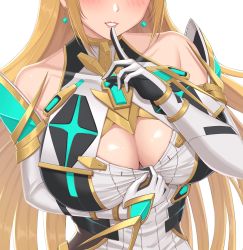 Rule 34 | 1girl, blonde hair, blush, breast focus, breasts, chest jewel, cleavage, cleavage cutout, clothes pull, clothing cutout, dress, earrings, finger to mouth, gloves, gradient background, highres, huge breasts, jewelry, lips, long hair, mythra (massive melee) (xenoblade), mythra (xenoblade), nemunemu semi, parted lips, shirt pull, simple background, solo, very long hair, xenoblade chronicles (series), xenoblade chronicles 2