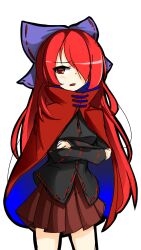 1girl alternate_hair_length alternate_hairstyle black_outline black_shirt blue_bow bow cloak commentary crossed_arms english_commentary hair_bow hair_over_one_eye highres kaliningradg long_hair long_sleeves looking_at_viewer open_mouth outline pleated_skirt red_eyes red_hair red_skirt sekibanki shirt skirt solo touhou