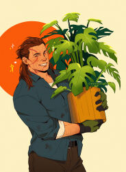 Rule 34 | 1boy, baldur&#039;s gate, baldur&#039;s gate 3, brown hair, collared shirt, contemporary, dark-skinned male, dark skin, dungeons &amp; dragons, elf, halsin, happy, highres, looking at viewer, male focus, mature male, medium hair, mimorugk, plant, pointy ears, potted plant, shirt, smile, solo, sparkling aura, thick eyebrows
