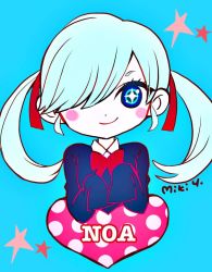 Rule 34 | 10s, 1girl, alternate eye color, blue background, blue eyes, blue hair, blush stickers, bow, bowtie, character name, commentary request, hair over one eye, hair ribbon, heart, looking at viewer, red bow, red bowtie, red ribbon, ribbon, school uniform, signature, simple background, sleeves past wrists, smile, solo, sparkling eyes, star (symbol), swept bangs, takigawa noa, upper body, yamada-kun to 7-nin no majo, yoshikawa miki