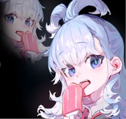 Rule 34 | 1girl, blue eyes, blue hair, blush, food, highres, hololive, hololive indonesia, kobo kanaeru, licking, looking at viewer, meme, multicolored hair, multiple views, old metal 666, open mouth, popsicle, portrait, streaked hair, tongue, tongue out, virtual youtuber, white hair