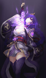 Rule 34 | 1girl, absurdres, braid, breasts, cleavage, closed mouth, commentary request, electricity, enin, flower, genshin impact, hair ornament, highres, holding, holding sword, holding weapon, human scabbard, japanese clothes, kimono, large breasts, long hair, long sleeves, looking at viewer, mitsudomoe (shape), purple eyes, purple flower, purple hair, raiden shogun, ribbon, sash, simple background, solo, sword, tassel, thighhighs, tomoe (symbol), weapon, wide sleeves