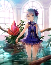 Rule 34 | 1girl, blue dress, blue eyes, blue hair, blurry, breasts, clothes lift, depth of field, dress, dress lift, flower, fuzichoco, hair flower, hair ornament, indoors, light smile, long hair, looking at viewer, one side up, original, short dress, small breasts, solo, wading