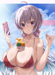 Rule 34 | 1girl, amasora taichi, areola slip, bare arms, bare shoulders, bikini, blush, breasts, cellphone, cleavage, closed mouth, commentary request, covered navel, holding, holding phone, huge breasts, long hair, outdoors, phone, purple eyes, purple hair, red bikini, senki zesshou symphogear, smartphone, solo, spoon, swimsuit, upper body, yukine chris