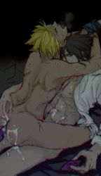 Rule 34 | 2boys, abs, anal, ass, ass grab, ass juice, black hair, blonde hair, closed eyes, condom, dildo, drooling, highres, looking at viewer, male focus, male penetrated, multiple boys, muscular, naruto, naruto (series), nude, open mouth, red eyes, restrained, rope, saliva, sex toy, sitting, sitting on person, steam, straddling, uchiha sasuke, uzumaki naruto, wince, yaoi