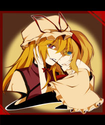 Rule 34 | 2girls, alice margatroid, blonde hair, blue eyes, border, capelet, faech, food, food in mouth, gradient background, grin, hairband, hand on another&#039;s face, hand on another&#039;s head, hat, hat ribbon, highres, letterboxed, long hair, looking at viewer, mob cap, multiple girls, parted lips, pocky, purple eyes, red border, ribbon, shadow, short hair, smile, tabard, touhou, yakumo yukari, yuri