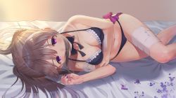 Rule 34 | 1girl, absurdres, bandaged arm, bandaged leg, bandages, bandaid, bare arms, bare shoulders, bed, bikini, black bikini, black bow, black bowtie, bow, bowtie, breasts, cleavage, collarbone, covered mouth, frilled bikini, frills, halterneck, highres, idolmaster, idolmaster shiny colors, large breasts, long hair, looking at viewer, lying, nail polish, navel, on bed, on side, purple eyes, purple nails, purple ribbon, rangen, ribbon, silver hair, solo, stomach, swimsuit, thighs, twintails, yukoku kiriko