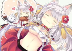 Rule 34 | 1girl, :3, = =, animal ears, azur lane, blush, bone, boned meat, breasts, chibi, closed mouth, collar, dog, dreaming, drooling, eating, food, from above, gyorui (yakiudonnn), heart, holding, holding food, kagami mochi, leash, long hair, lying, meat, medium breasts, mouth hold, navel, on back, outline, pleated skirt, red skirt, saliva, sarashi, silver hair, skirt, sleeping, spiked collar, spikes, thick eyebrows, thought bubble, two side up, very long hair, x navel, yuudachi (azur lane), yuudachi (shogun of snowballs) (azur lane)
