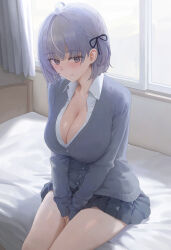 1girl absurdres ahoge between_legs black_eyes black_skirt breasts cardigan cleavage closed_mouth collared_shirt commission grey_cardigan grey_hair hair_ribbon hand_between_legs highres iliu_toa junmin large_breasts long_sleeves looking_at_viewer miniskirt mole mole_on_cheek on_bed one_side_up otometale pleated_skirt ribbon school_uniform shirt short_hair sitting skirt smile solo sweat thighs undershirt virtual_youtuber white_shirt