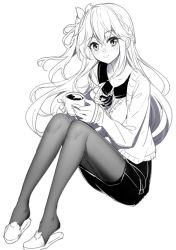 Rule 34 | 1girl, blush, braid, closed mouth, collarbone, collared shirt, commentary, cup, emily stock, full body, greyscale, head tilt, holding, holding cup, jacket, long hair, long sleeves, monochrome, neck ribbon, nose blush, one side up, original, pantyhose, ribbon, ririko (zhuoyandesailaer), shirt, simple background, sitting, skirt, sleeves past wrists, slippers, smile, solo, symbol-only commentary, very long hair, white background