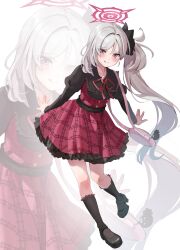 Rule 34 | 1girl, absurdres, alternate costume, black footwear, black shirt, black socks, blue archive, blush, closed mouth, collared shirt, grey hair, halo, highres, hinaumma, long hair, long sleeves, looking at viewer, mutsuki (blue archive), pink eyes, red halo, red skirt, shirt, shoes, side ponytail, skirt, smile, socks, solo, tongue, tongue out, zoom layer