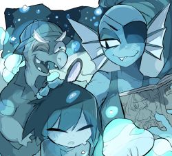 Rule 34 | 1boy, 1girl, androgynous, bad id, bad pixiv id, blue skin, blue theme, book, closed eyes, colored skin, eyepatch, fang, fins, frisk (undertale), g perarikku, gerson, hat, head fins, headpat, magnifying glass, monochrome, monster girl, mushroom, one eye closed, open mouth, ponytail, sharp teeth, shirt, short hair, short sleeves, smile, teeth, thick eyebrows, turtle, undertale, undyne