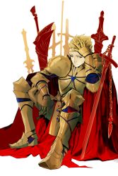 Rule 34 | 1boy, armor, blonde hair, ea (fate/stay night), fate/stay night, fate (series), gilgamesh (fate), hair slicked back, highres, male focus, planted sword, planted, plm233, red eyes, sad, solo, sword, weapon