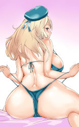 Rule 34 | 10s, 1girl, ass, atago (kancolle), bare shoulders, barefoot, bed, bikini, blonde hair, breasts, from behind, hat, highres, huge breasts, igarashi mangou, kantai collection, light smile, long hair, looking at viewer, looking back, sideboob, sitting, solo, swimsuit, wariza