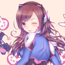 Rule 34 | 1girl, ;d, armor, blush, bodysuit, bracer, breasts, brown eyes, brown hair, charm (object), covered erect nipples, d.va (overwatch), eyebrows, facepaint, facial mark, fang, from behind, gloves, gun, handgun, headphones, high collar, highres, hitomilook, leaning forward, long hair, looking at viewer, looking back, medium breasts, one eye closed, open mouth, overwatch, overwatch 1, pauldrons, pilot suit, pink lips, ribbed bodysuit, shoulder armor, shoulder pads, simple background, small breasts, smile, solo, turtleneck, upper body, weapon, whisker markings, white gloves