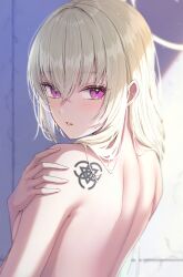Rule 34 | 1girl, absurdres, back, bare back, bare shoulders, blue archive, blush, breasts, colored skin, crossed bangs, grabbing own arm, grey hair, halo, highres, light rays, long hair, looking at viewer, looking back, medium breasts, nude, primamiya, purple hair, sakurako (blue archive), sideboob, solo, tattoo, topless, white hair, white skin