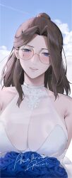 Rule 34 | 1girl, absurdres, alios arvin, bare shoulders, blue eyes, blue flower, blue sky, blush, bouquet, breasts, brown hair, chinese commentary, cleavage, cloud, commentary request, detached sleeves, dress, earrings, eyewear strap, flower, glasses, highres, holding, holding bouquet, inoue iris (sdustz), jewelry, large breasts, lips, looking at viewer, original, parted lips, round eyewear, see-through, see-through cleavage, signature, sky, sleeveless, sleeveless dress, solo, teeth, wedding dress, white dress