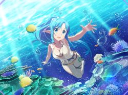 Rule 34 | 1girl, :d, asuna (sao-alo), bare arms, bare legs, bikini, blue eyes, blue hair, breasts, bubble, cleavage, collarbone, fish, floating hair, full body, game cg, hair between eyes, jewelry, leg ribbon, long hair, looking at viewer, medium breasts, navel, necklace, open mouth, orange bikini, pointy ears, ponytail, ribbon, shirt, smile, solo, sunlight, swimming, swimsuit, sword art online, sword art online: alicization, sword art online: alicization rising steel, sword art online: unleashed blading, thigh gap, thigh ribbon, tied shirt, underwater, very long hair