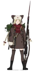 Rule 34 | 1girl, animal hat, bad id, bad pixiv id, bag, black footwear, blonde hair, blue eyes, bolt action, boots, bow, braid, breath, brown thighhighs, buttons, coat, full body, fur trim, gun, hair bow, hat, long hair, long sleeves, mars expedition, military, military uniform, open mouth, red bow, red scarf, rifle, scarf, simple background, sleeves past wrists, solo, soviet, standing, star (symbol), thighhighs, twin braids, uniform, very long hair, weapon, weapon request, white background, y (khakiyawn), zettai ryouiki