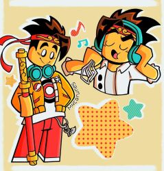 Rule 34 | bandana, blue headphones, blush, charm (object), chinese text, colored skin, eighth note, headphones, charm (object), lego, m4carunes, mk (monkie kid), monkie kid, musical note, open mouth, pants, red pants, smile, spiked hair, staff, star (symbol), upper body, yellow background, yellow skin