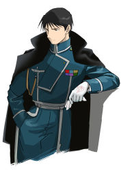 Rule 34 | 1boy, aiguillette, amestris military uniform, black coat, black eyes, black hair, blue jacket, blue pants, buttons, closed mouth, clothes writing, coat, coat on shoulders, collared jacket, cropped legs, double-breasted, elbow rest, facing viewer, fullmetal alchemist, gloves, unworn gloves, half-closed eyes, hand in pocket, high collar, highres, holding, holding clothes, holding gloves, jacket, looking afar, magic circle, male focus, military, military jacket, military uniform, open clothes, open coat, pants, roy mustang, serious, shadow, simple background, spiked hair, standing, tsurime, uniform, urikurage, white background, white gloves