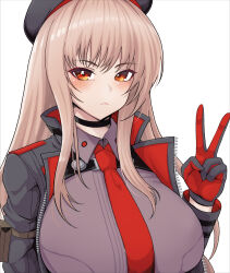 Rule 34 | 1girl, absurdres, beret, black choker, black gloves, black jacket, black shirt, blush, breasts, choker, closed mouth, collared shirt, cropped jacket, frown, gloves, goddess of victory: nikke, hair between eyes, hat, highres, jacket, large breasts, light brown hair, long hair, looking at viewer, necktie, orange eyes, rapi (nikke), red gloves, red jacket, red necktie, shirt, simple background, solo, tatehiza makura, two-sided fabric, two-sided jacket, two-tone gloves, v