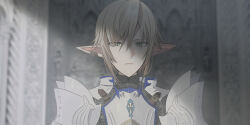 Rule 34 | 1boy, armor, blurry, blurry background, breastplate, chainmail, chihuri, depth of field, final fantasy, final fantasy xiv, green eyes, hair between eyes, highres, light brown hair, looking at viewer, male focus, parted lips, pauldrons, pointy ears, shoulder armor, solo, upper body, zephirin de valhourdin