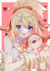 Rule 34 | 1girl, bird, blonde hair, blue eyes, blush, candy, chocolate, chocolate heart, feather fingers, feathers, food, hair between eyes, hair ribbon, harpy, heart, highres, indie virtual youtuber, mavia (vtuber), monster girl, open mouth, ponytail, rehavon, ribbon, sleeveless, solo, sparkle, virtual youtuber, winged arms, wings, yellow feathers, yellow wings