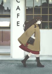 Rule 34 | 1girl, bag, black footwear, blouse, blunt bangs, boots, bright pupils, brown eyes, brown hair, cafe, cloak, closed mouth, collared cloak, colored skin, cross-laced footwear, day, deg (deguana), from side, full body, highres, holding, idolmaster, idolmaster cinderella girls, lace-up boots, long hair, looking at viewer, looking to the side, mizumoto yukari, outdoors, pleated skirt, red skin, red skirt, shirt, shoulder bag, skirt, smile, solo, tagme, walking, white shirt