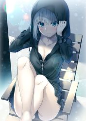 Rule 34 | 1girl, bikini, black bikini, black jacket, blush, breasts, cleavage, closed mouth, collarbone, commentary request, fate/grand order, fate (series), gray (fate), green eyes, grey hair, hair between eyes, highres, hood, hood up, hooded jacket, jacket, looking at viewer, lord el-melloi ii case files, nectar (fujiya), pale skin, short hair, sitting, small breasts, solo, swimsuit