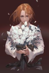 Rule 34 | 1boy, black ribbon, bouquet, brown hair, bud, closed mouth, collared shirt, floating hair, flower, hair between eyes, holding, holding bouquet, hyde (l&#039;arc~en~ciel), jimyo, l&#039;arc~en~ciel, light smile, long sleeves, looking at viewer, male focus, motion blur, petals, red background, ribbon, rose, shirt, simple background, solo, white flower, white rose, white shirt