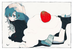 Rule 34 | 1girl, blue theme, closed mouth, food, freckles, from side, fruit, highres, ka (marukogedago), long hair, long sleeves, lying, miniskirt, on stomach, original, shoes, skirt, socks, solo, strawberry