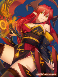 Rule 34 | 1girl, bare shoulders, blue background, copyright name, detached sleeves, horns, junketsu duelion, light smile, long hair, official art, pointy ears, red hair, scythe, simple background, solo, thighhighs, yangsion, yellow eyes, zuihou oboro
