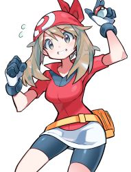 Rule 34 | 1girl, bandana, bike shorts, breasts, brown hair, clenched hand, collared shirt, commentary request, creatures (company), eyelashes, flying sweatdrops, game freak, grey eyes, grin, highres, holding, holding poke ball, hyou (hyouga617), long hair, may (pokemon), nintendo, poke ball, poke ball (basic), pokemon, pokemon rse, red bandana, red shirt, shirt, short sleeves, skirt, smile, solo, white skirt