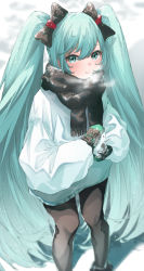Rule 34 | 1girl, aqua eyes, aqua hair, azusa (azunyan12), black bow, black legwear, black scarf, blurry, blush, bow, breath, commentary, depth of field, feet out of frame, from above, green mittens, hair bow, hatsune miku, highres, holding snowman, jacket, lips, long hair, looking at viewer, mittens, outdoors, parted lips, scarf, snow, snowman, solo, standing, twintails, very long hair, vocaloid, white jacket, winter