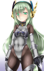 Rule 34 | 1girl, bare shoulders, black gloves, bodysuit, collar, detached sleeves, emil chronicle online, gloves, green eyes, green hair, hair ornament, hairband, highres, leotard, lock, looking at viewer, matching hair/eyes, pantyhose, shimo (depthbomb), solo, thighhighs