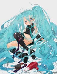 Rule 34 | 1girl, absurdly long hair, aqua hair, artist name, bare shoulders, black footwear, black skirt, blue eyes, boots, clenched hand, collared shirt, commentary request, detached sleeves, entangled, gotou (nekocat), hair brush, hair dryer, hair ribbon, half-closed eye, hatsune miku, highres, knee up, long hair, looking at viewer, loose necktie, messy hair, necktie, on floor, pleated skirt, pout, ribbon, scissors, shirt, simple background, sitting, skirt, sleeveless, sleeveless shirt, solo, thigh boots, thighhighs, very long hair, vocaloid, white background, aged down
