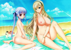 Rule 34 | 10s, 2girls, arm support, ass, back, bare back, bare legs, bare shoulders, barefoot, beach, blonde hair, blue eyes, blue sky, bottle, bracelet, breasts, celia kumani entory, cleavage, cleft of venus, cloud, collarbone, covered erect nipples, cross, cross necklace, drill hair, eyes visible through hair, feet, female focus, flat chest, floral print, flower, groin, hair over one eye, hair ribbon, hairband, head tilt, hip focus, innertube, jewelry, knee up, knees, komori kei, large breasts, leaning, legs, light rays, lisa eostre, long hair, looking at viewer, looking back, multiple girls, navel, necklace, nipples, nude, nude filter, ocean, outdoors, pendant, pink eyes, pussy, ribbon, ricotta, sand, sandals, shadow, sitting, skinny, sky, smile, soles, sunbeam, sunlight, swim ring, thighs, third-party edit, toes, twintails, uncensored, very long hair, walkure romanze, wariza, water, wavy hair, white hair