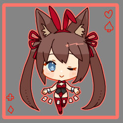 Rule 34 | animal ears, blue eyes, bow, bowtie, brown hair, caleen keemosn, card, chibi, commission, cuffs, fox ears, fox girl, fox tail, hair ribbon, leotard, long hair, looking at viewer, multiple tails, one eye closed, original design, playboy bunny, rabbit ears, ribbon, runes, standing, standing on one leg, star ocean, star ocean anamnesis, tail, thick thighs, thighhighs, thighs, totonosyo, twintails, very long hair, wink