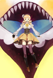 Rule 34 | 10s, bad id, bad pixiv id, blonde hair, boots, charlotte (madoka magica), drill hair, fang, fingerless gloves, flying, gloves, hat, highres, mahou shoujo madoka magica, mahou shoujo madoka magica (anime), mami mogu mogu, open mouth, outstretched arms, riku (kakao100), spoilers, thighhighs, tomoe mami, yellow eyes